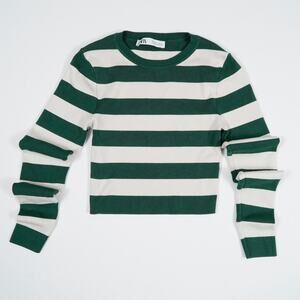 Zara Green White Striped Cropped Top Size S Fitted Stretch Tee